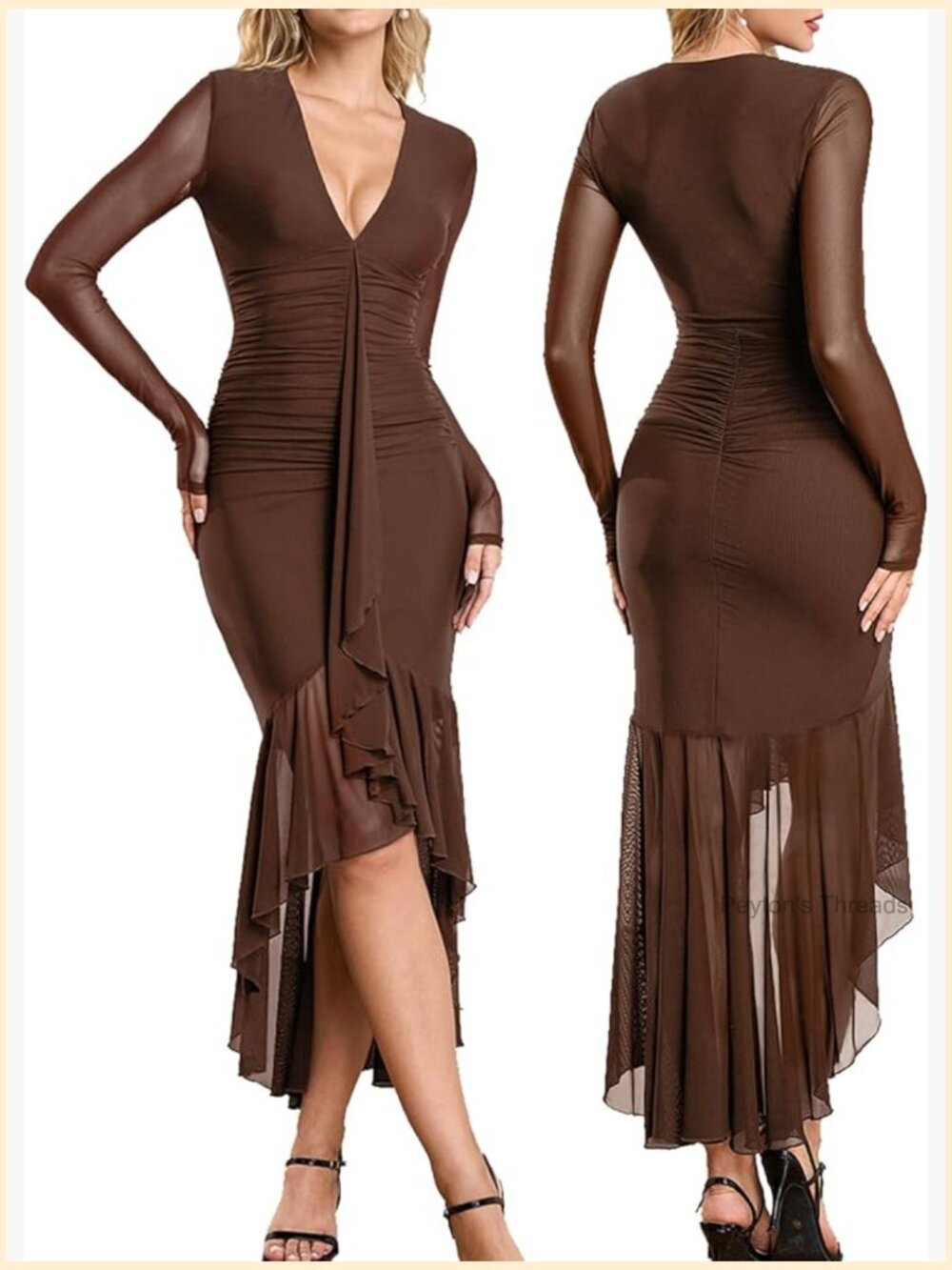 Long Sleeve V Neck Ruched Bodycon Midi Dress Cocktail Party